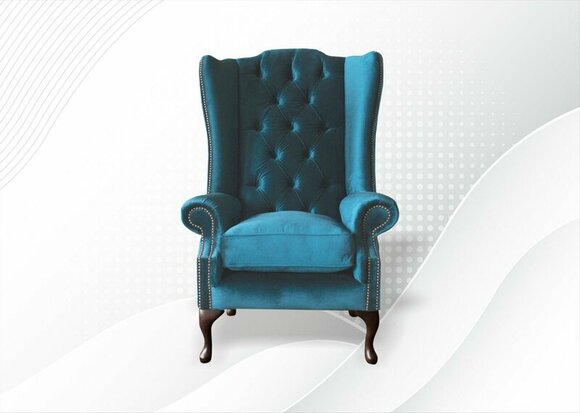 Chesterfield Armchair Blue Textile Fabric Wing Chair Furniture Living Room Modern Luxury