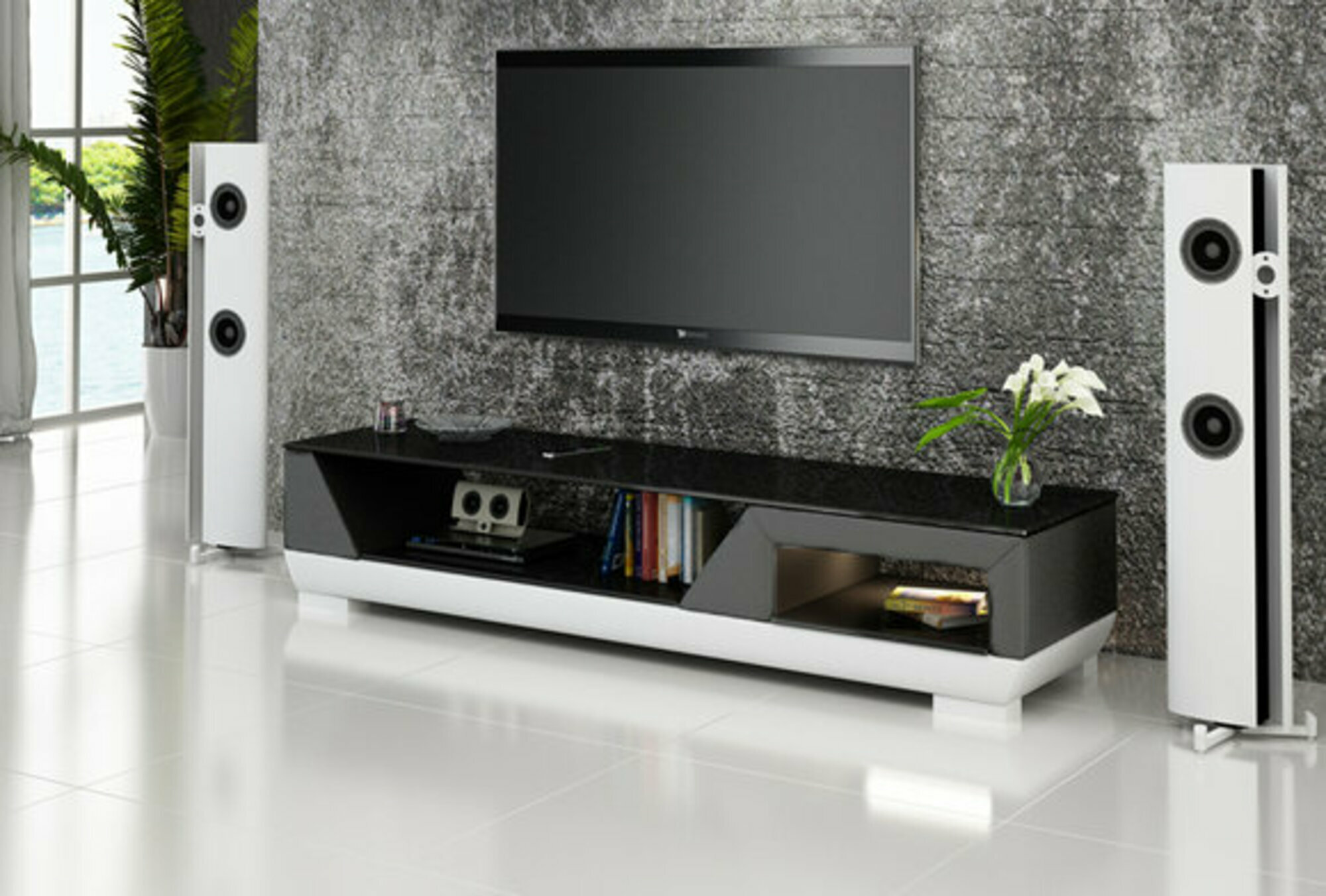 Sideboard Leder TV Schrank Lowboard Hängeboard Fernsehtisch Leder 195cm On Stock