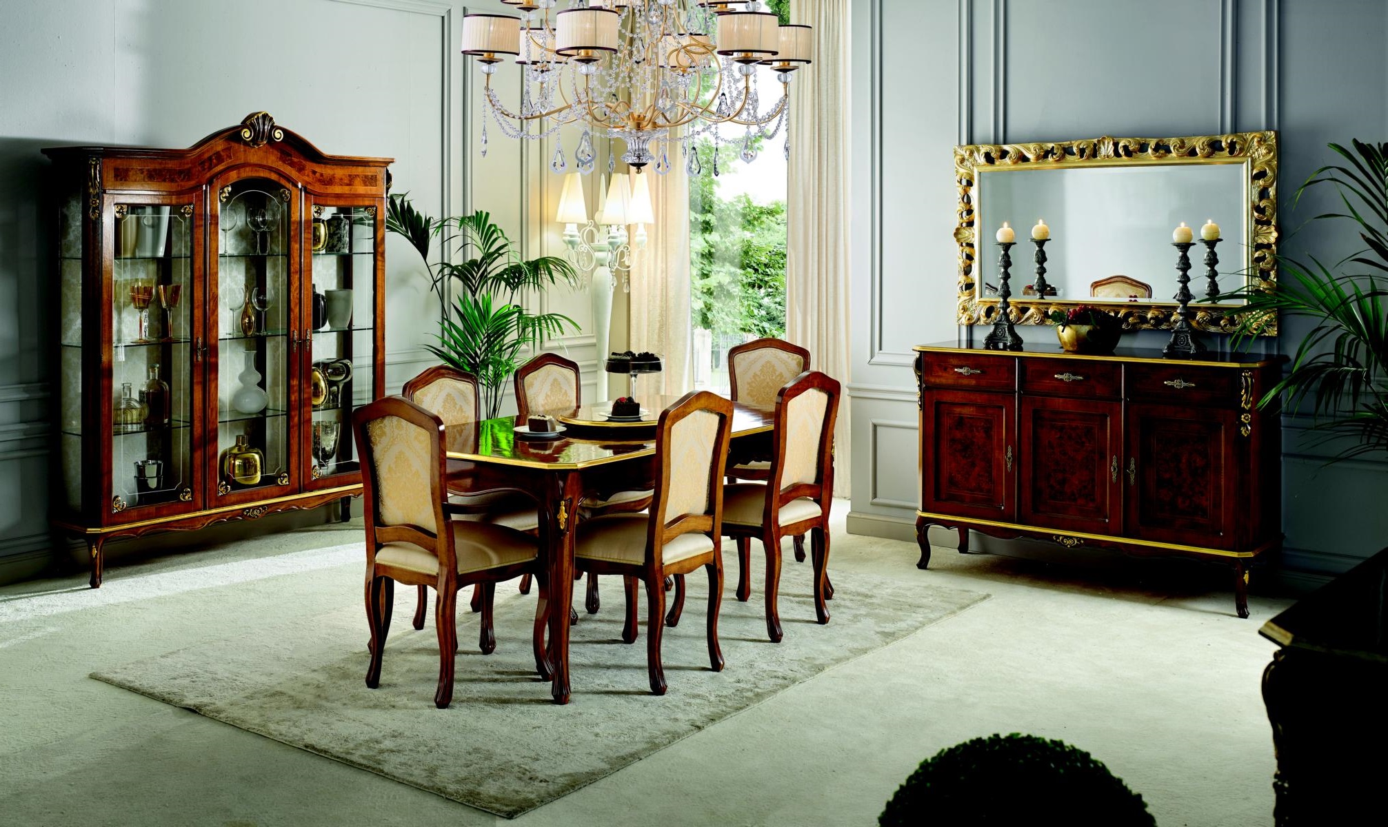 Dining table, 6 chairs, showcase, chest of drawers, mirror, complete dining room set, 10 pieces