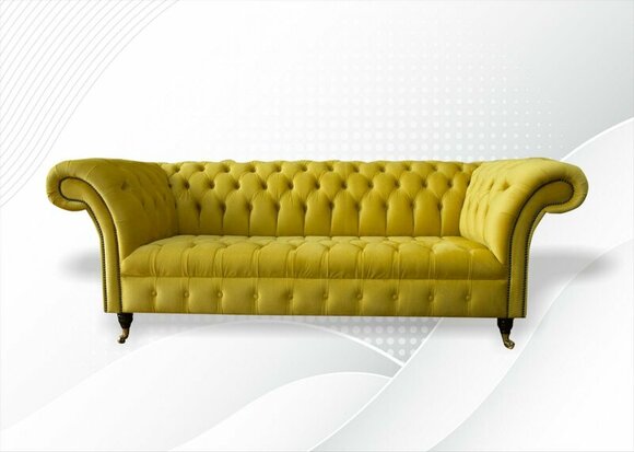 Chesterfield 3 Seater Sofa Yellow Three Seater Textile Living Room Fabric Luxury Modern