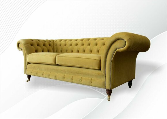 Chesterfield 3 Seater Yellow Sofa Fabric Living Room Couches Upholstery Sofas Textile