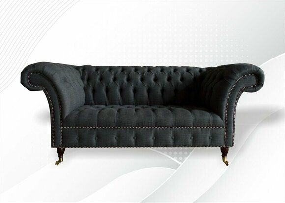 Chesterfield 2 Seater Black Textile Fabric Furniture Living Room Couches Sofas Sofa