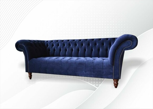 Chesterfield 3 Seater Blue Fabric Textile Furniture Velvet Living Room Modern Luxury Sofa