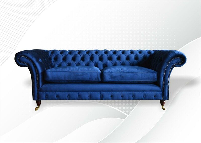 Chesterfield 3 seater fabric blue textile sofa living room design couches sofas new