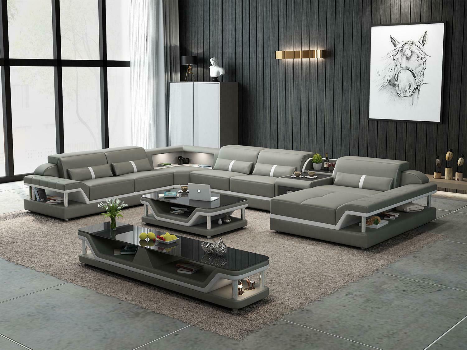 Corner sofa beige with coffee table 2 parts. Living room leather sofa set corner set table