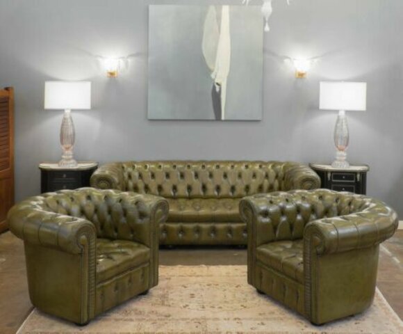 Chesterfield Sofa Set 3+1+1 Seaters Green Faux Leather Upholstered Living Room Comfortable Couches New