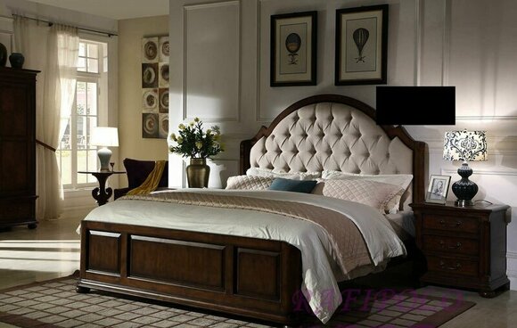 Luxurious Double Bed Upholstered Faux Leather Real Wood Brown Bed Frame Chesterfield Headrest New