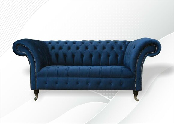 Design Chesterfield Sofa Set 2 Seater Couch Textile Blue Upholstery Sofas Blue