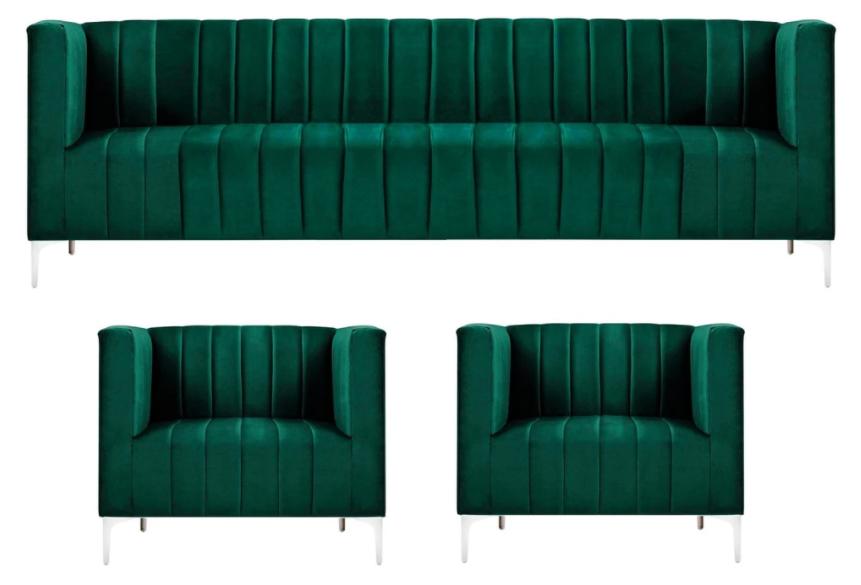 Sofa Set Three Seater Fabric Living Room Velvet Design Green Sofa 2 Armchairs Group