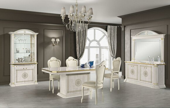 Luxury Dining Set Dining Table Chair Chest of Drawers Mirror Glass Cabinet Table Group 8pcs.