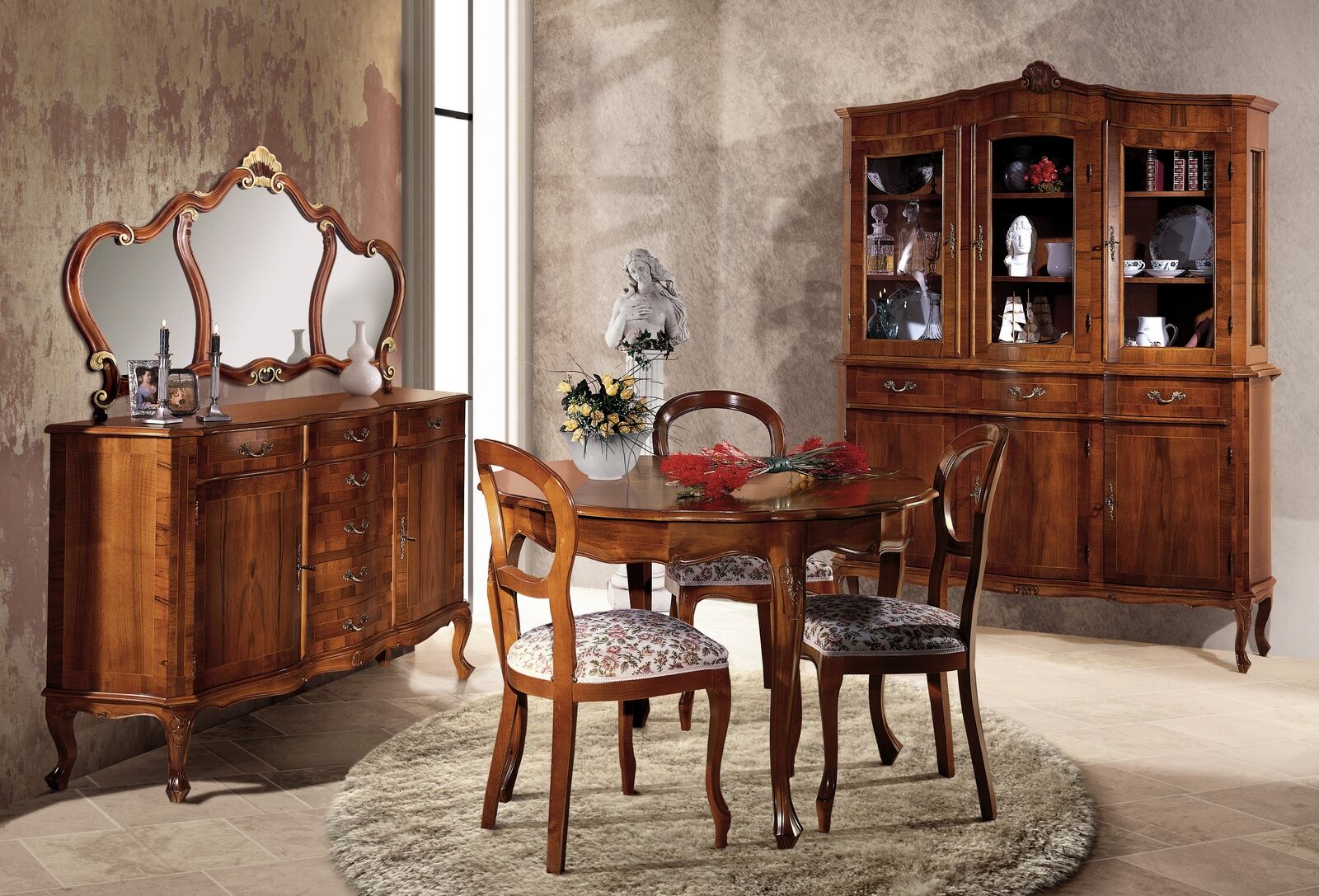 Luxury dining room set 7 pieces brown wood furniture chest of drawers chair table showcase