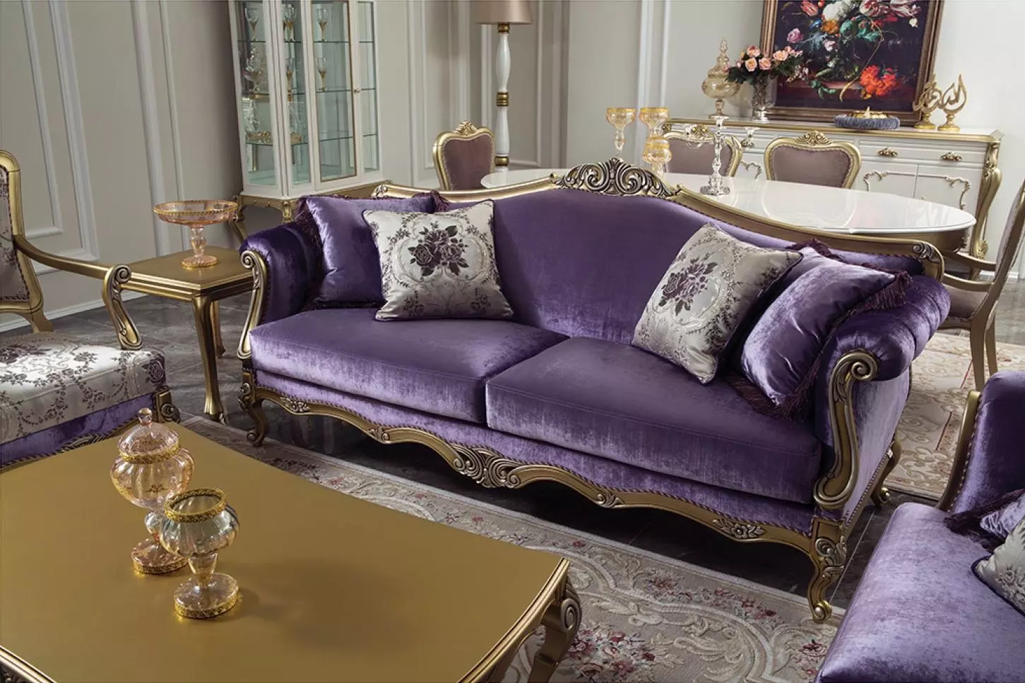 Three Seater Sofa 3 Seater Couches Luxury Couch Velvet Rococo Purple