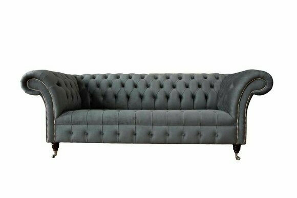 English Chesterfield sofa couch office furniture three-seater velvet 230 cm grey