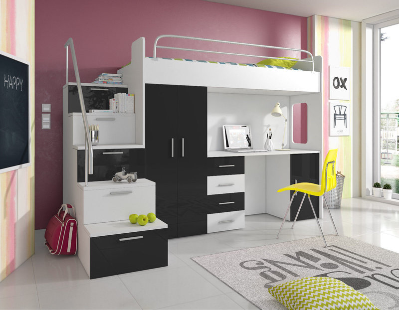 DOUBLE BUNK BED BUNK BED WITH DESK WARDROBE - RAJ-4-S-BLACK