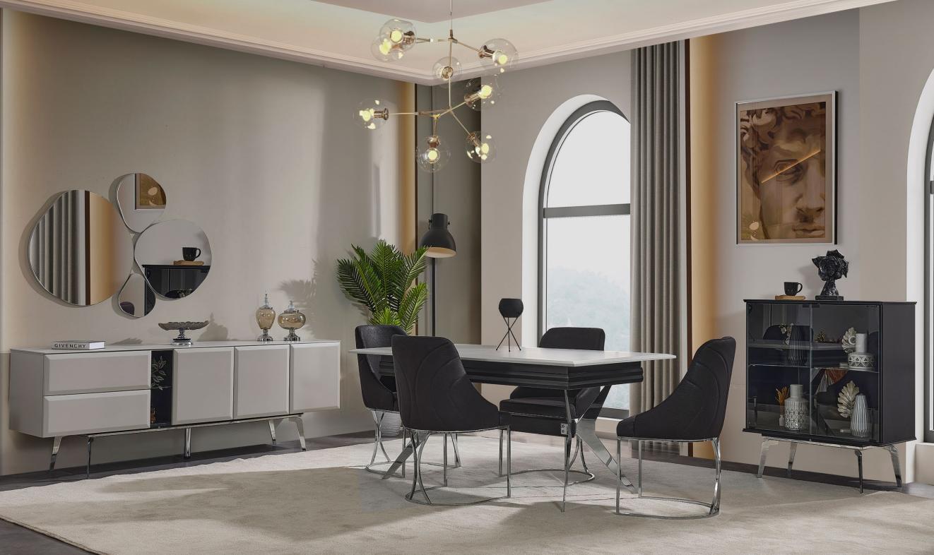 Luxury dining room black gray dining table 6x chairs sideboard dining group 9 pieces.