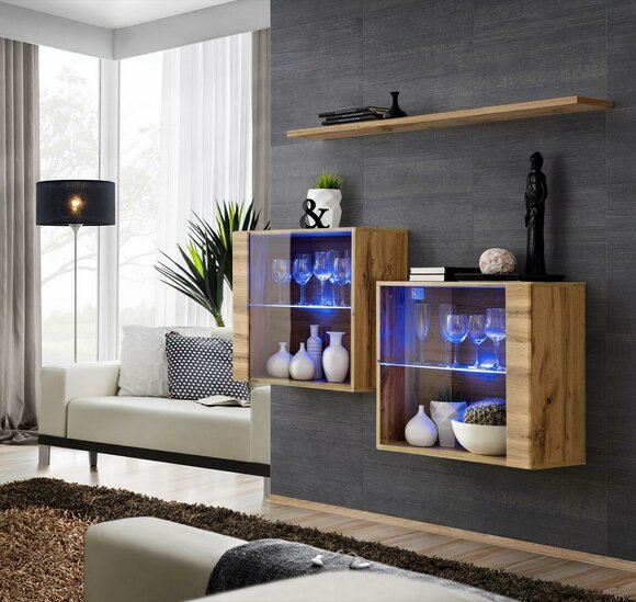 Living Room Cabinets Display Cabinet Wall Shelf Luxury Living Room Brown Set 3 Pieces