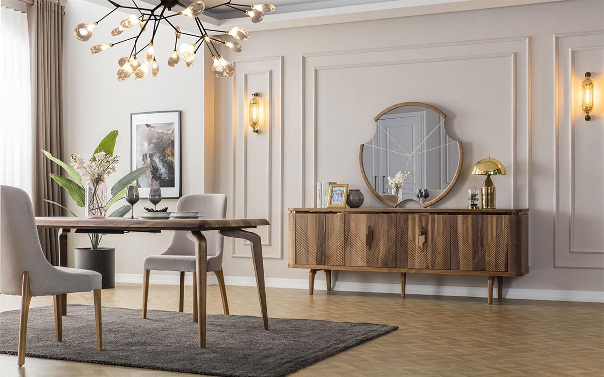 Dining table + 6 chairs + sideboard + mirror Dining room set Dining group Group table