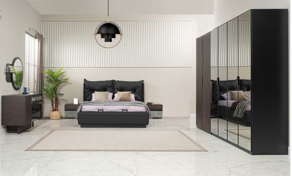 Double bed set bedroom bed bedside tables black set 6 pieces
