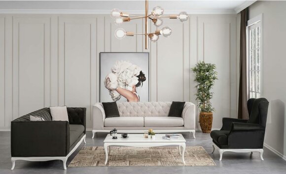 Chesterfield Complete Fabric Sofa Sofas Upholstered Sofas Set 4 Pieces Black