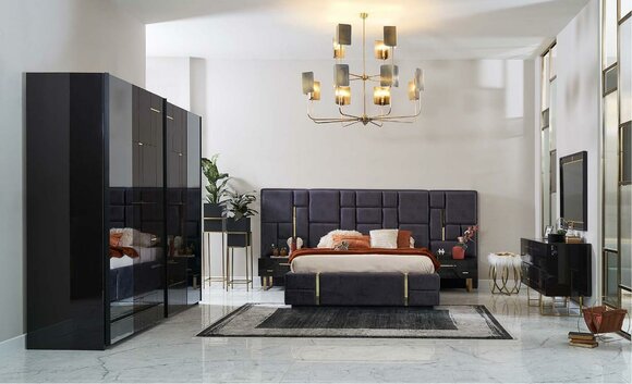 Luxury double bed bed frame bedroom wooden set 6 pieces black design