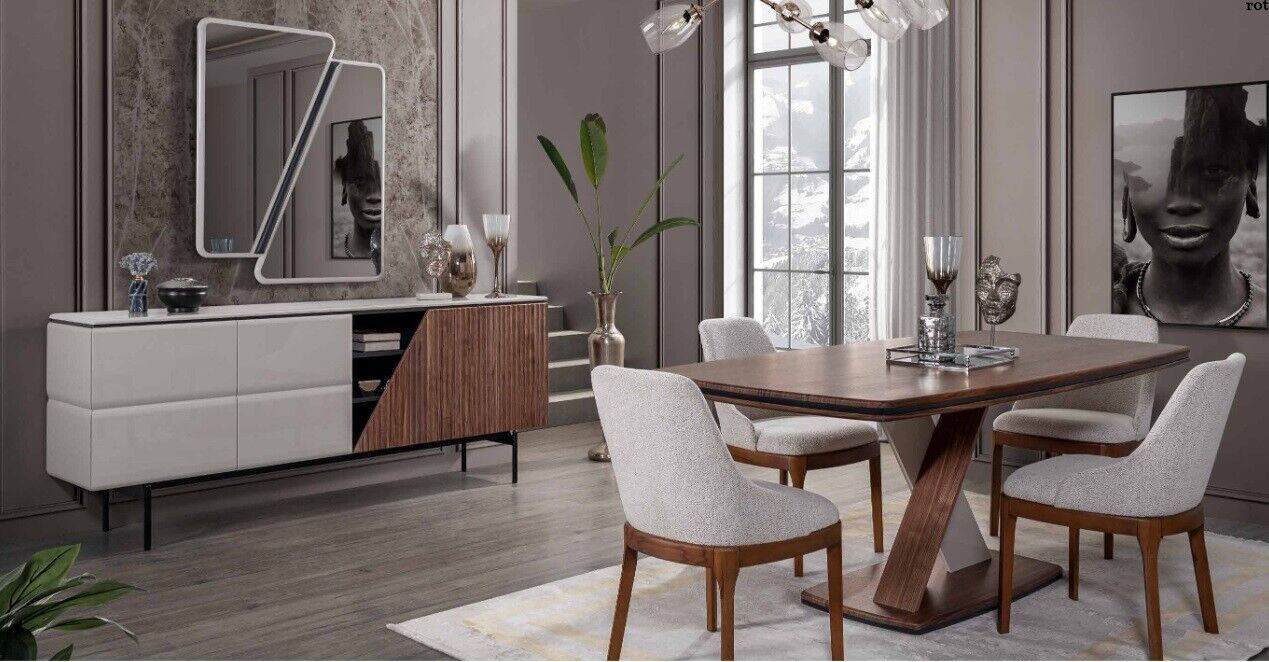 Brown-grey dining room set dining table 4x chairs chest of drawers mirror 7 pcs