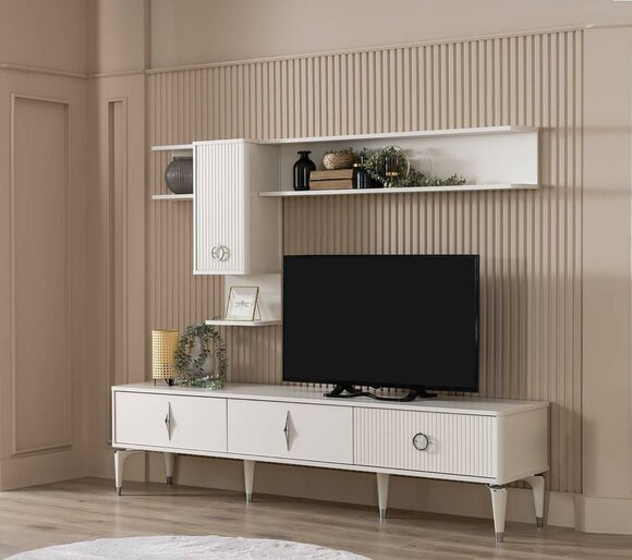 Complete TV stand cabinet RTV lowboard living room shelves white wood