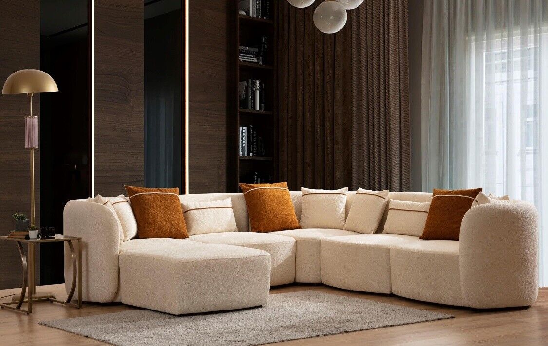 Living room beige modern sofa L-shaped seat corner sofa couch upholstered