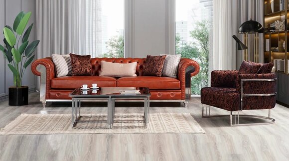 Chesterfield sofa set faux leather three-seater brown sofa set couches
