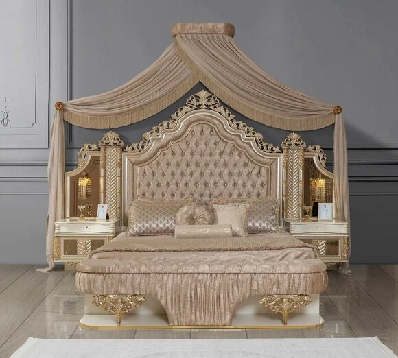 Bedroom set bed 2x bedside tables design luxury 3-piece beige