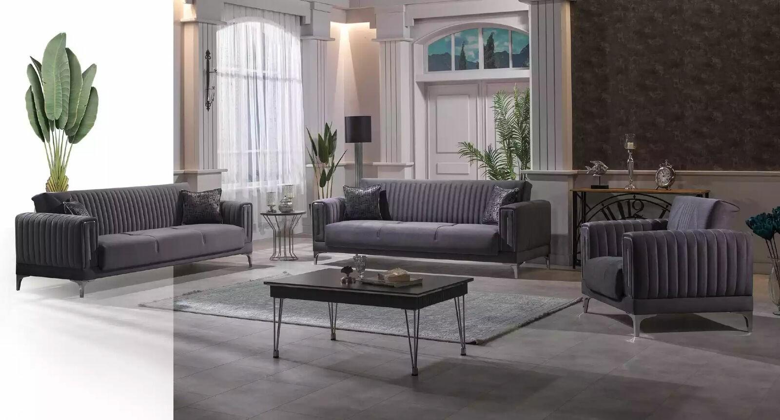 Modern Gray Couch Set 3+3+1 Seater Velvet Armchair Living Room Furniture