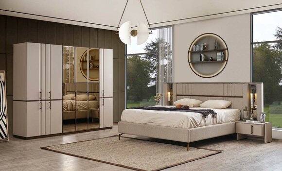 Modern beige double bed 2x bedside tables wardrobe wooden furniture