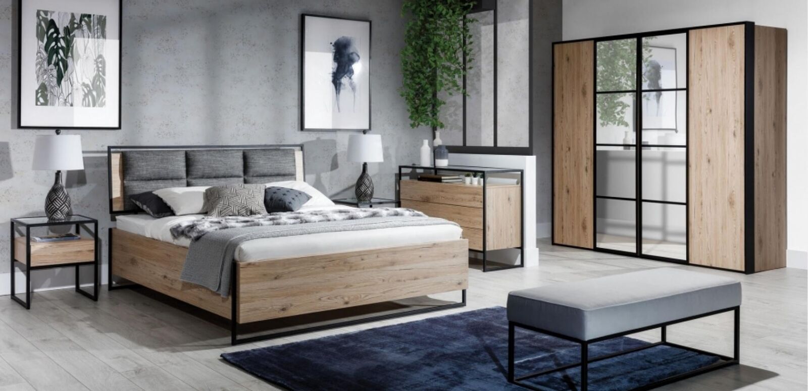 Bedroom set beige bed 2x bedside tables chest of drawers wardrobe new 5 pieces.