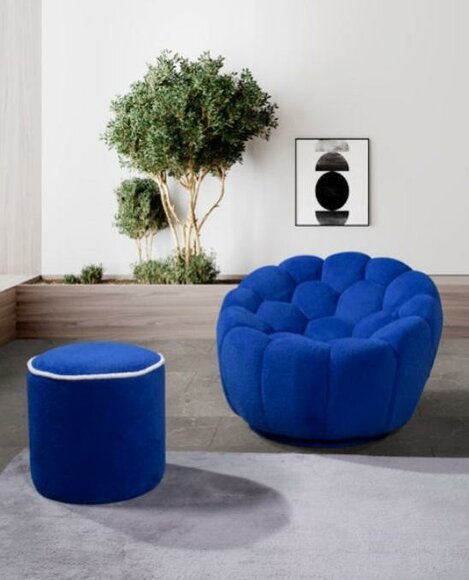 Blue armchair designer living room set 2 pieces exclusive upholstered stool
