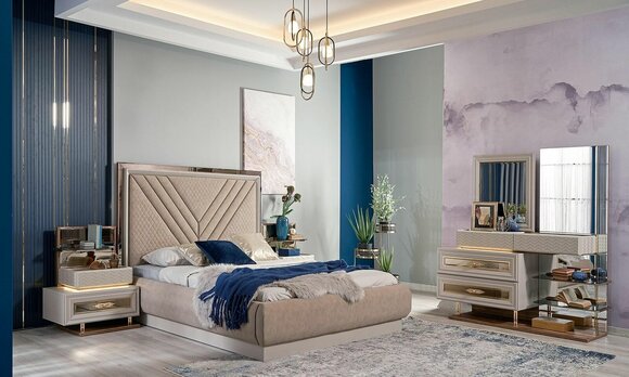 Double Bed Complete Bedroom Bed Beige 4 Piece Wooden Dressing Table