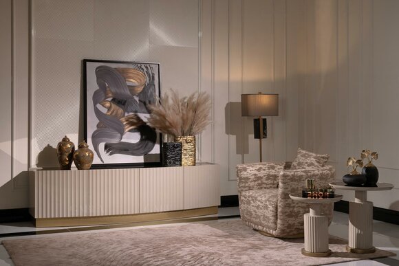Living room complete armchairs sideboard side tables set 4 pieces beige