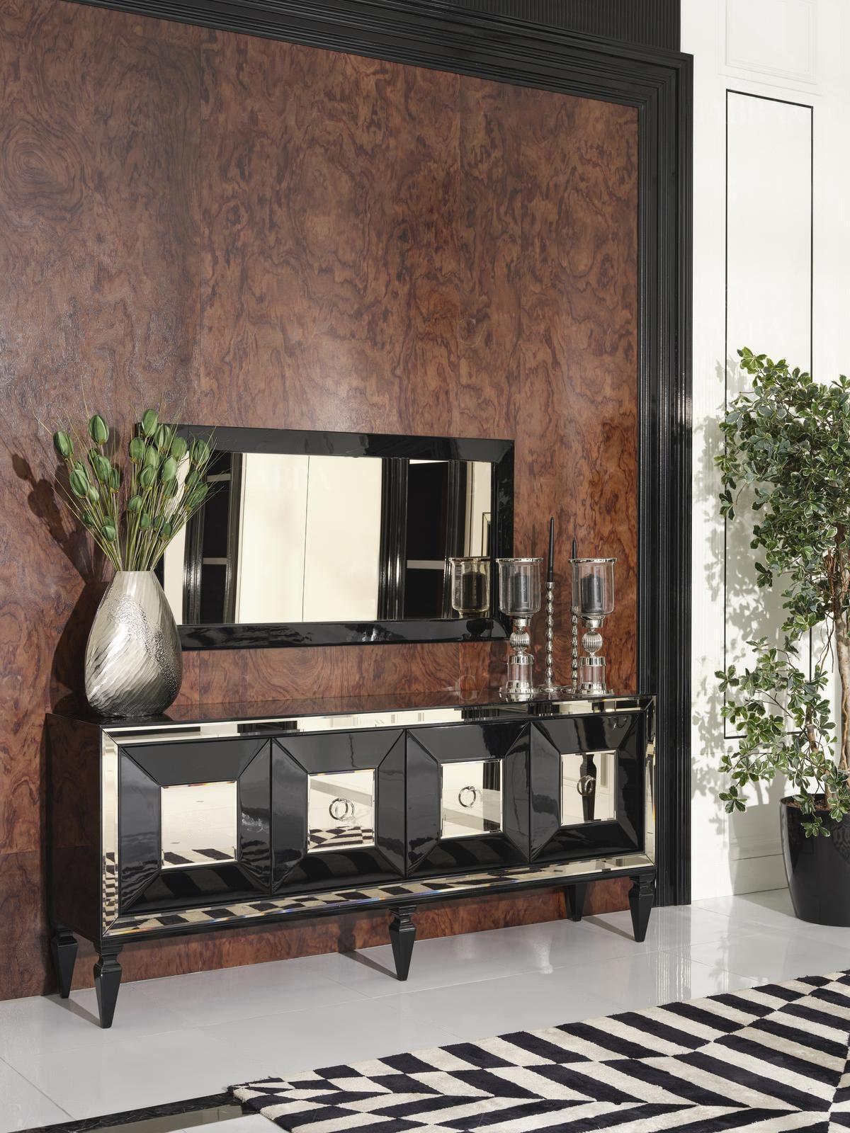 Complete sideboard sideboard cabinet mirror set black wood luxury