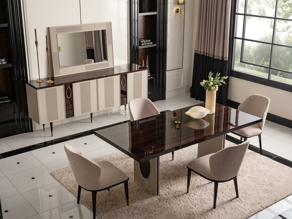 Luxury dining room dining group dinette dining table chairs beige set 9 pieces wood