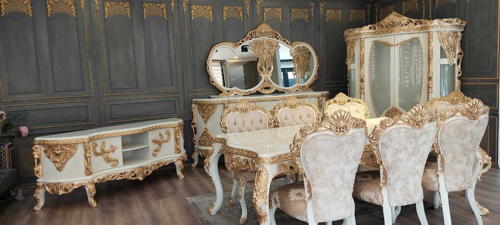 Wooden dining set Dining table 6 upholstered chairs Sideboard+mirror+showcase New model