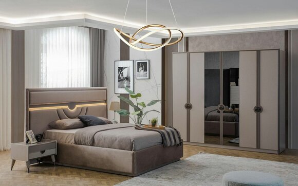 Double bed complete bedroom furniture bed bedside tables beige 4 pieces