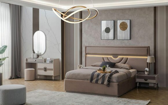 Set of double bed bedside tables beige 6-piece dressing table modern