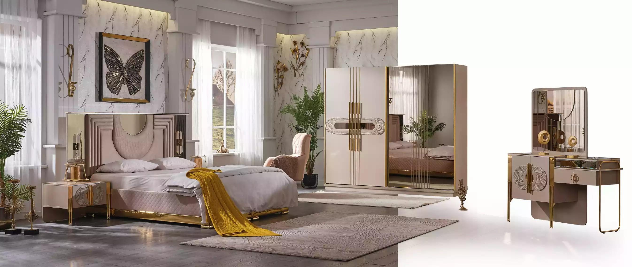 Beige bedroom set bed 2x bedside tables wardrobe dressing table