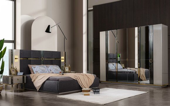 Luxury bedroom furniture double bed bedside tables gray 4-piece cupboard bed