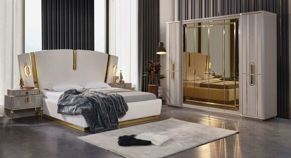 Double bed set bedroom bed bedside tables 4-piece beige cupboard