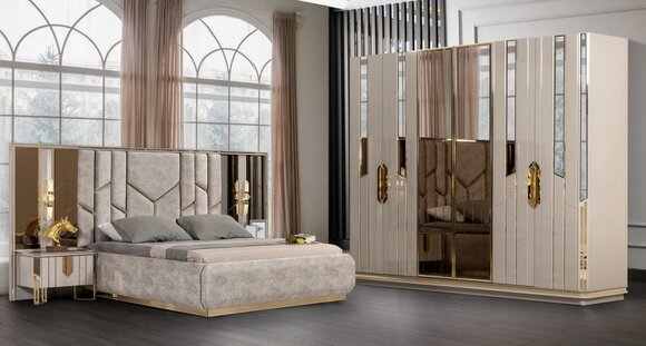 Bedroom set double bed bedside tables 4-piece beige cupboard