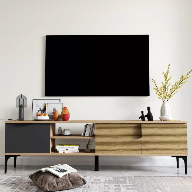 Brown-Gray RTV TV Lowboard Cabinet Modern Design Rectangular Shape Living Room