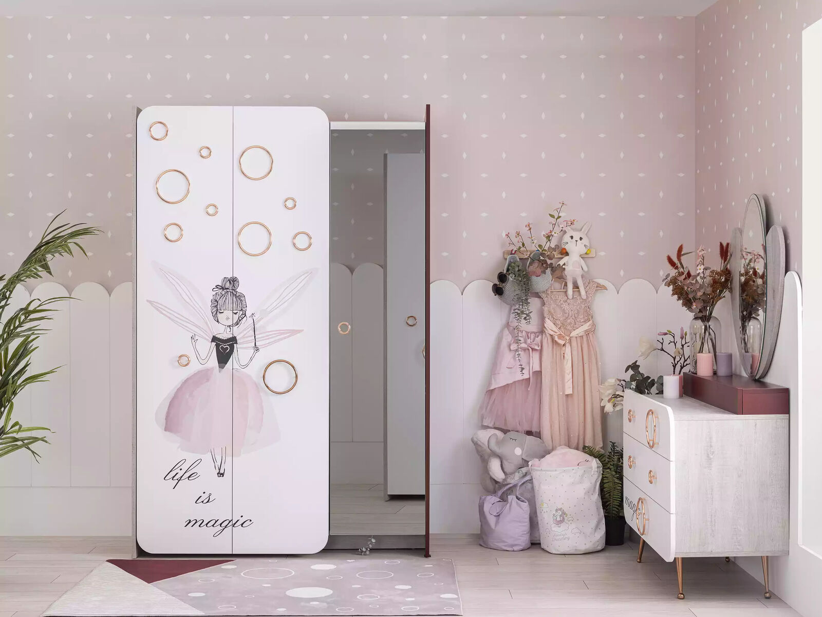 White children\'s room wardrobe girls wardrobe luxury wooden wardrobes