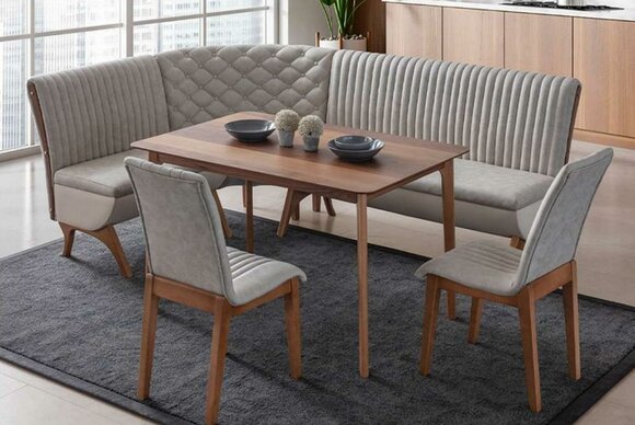 Designer light gray dining room set upholstered corner bench 2x chairs dining table