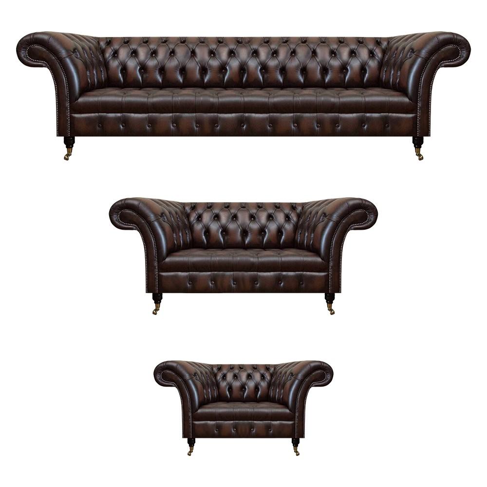 Chesterfield Leather Brown Living Room Upholstered Furniture Sofas Set Luxury Furnishings