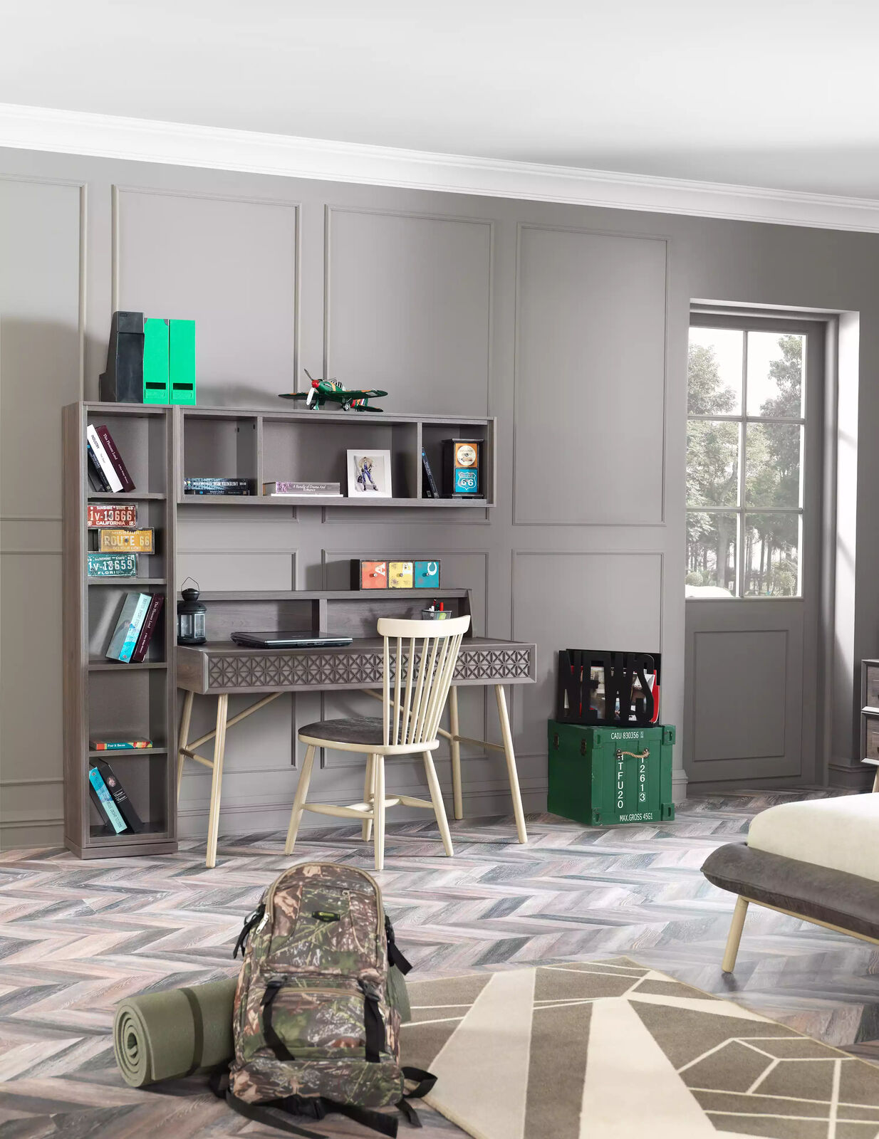 Computer desk set 3pcs desk bookcase wood grey shelves table