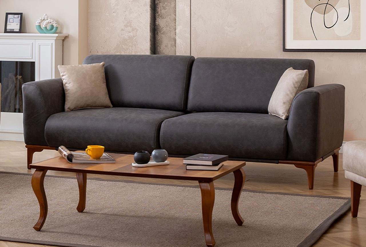 Gray Faux Leather Leather Living Room Designer Couch Luxurious 3 Seater